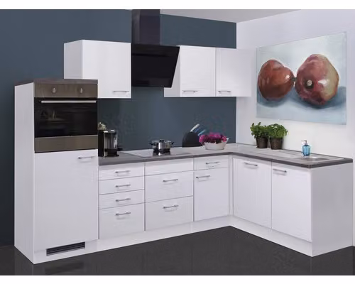 Cucina ad angolo con elettrodomestici Flex Well Lucca 280 cm colore frontale bianco opaco colore mobile bianco