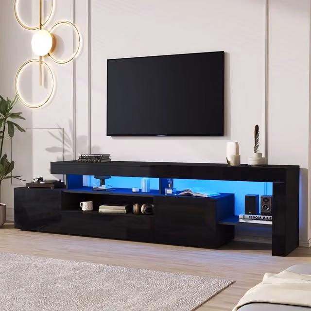 Mobile TV moderno SINGULARTY nero lucido con illuminazione LED integrata per televisori fino a 85 pollici L/P/H: 192 x 37 x 53 cm