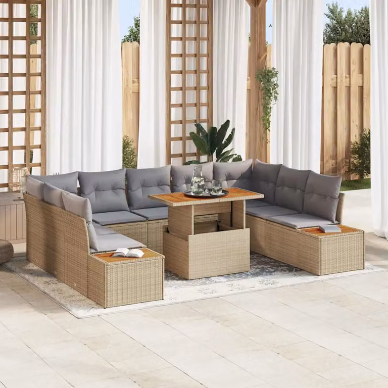 Set da pranzo da giardino moderno vidaXL in legno di acacia con cuscini beige e grigio, 10 pezzi