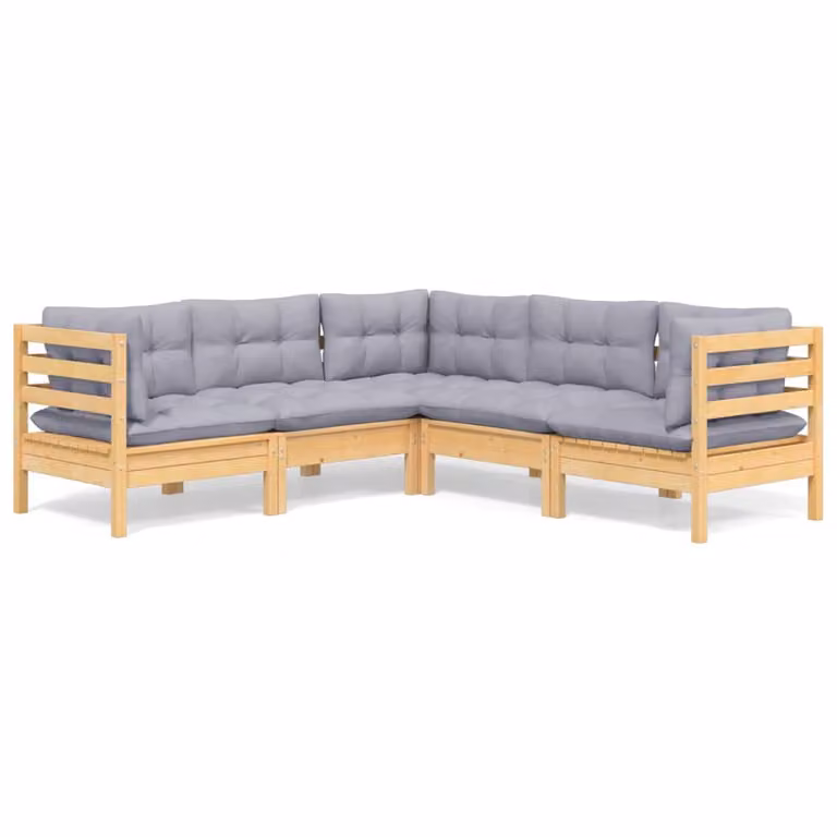 Set Divani da Giardino 5 pz con Cuscini Grigi Massello di Pino