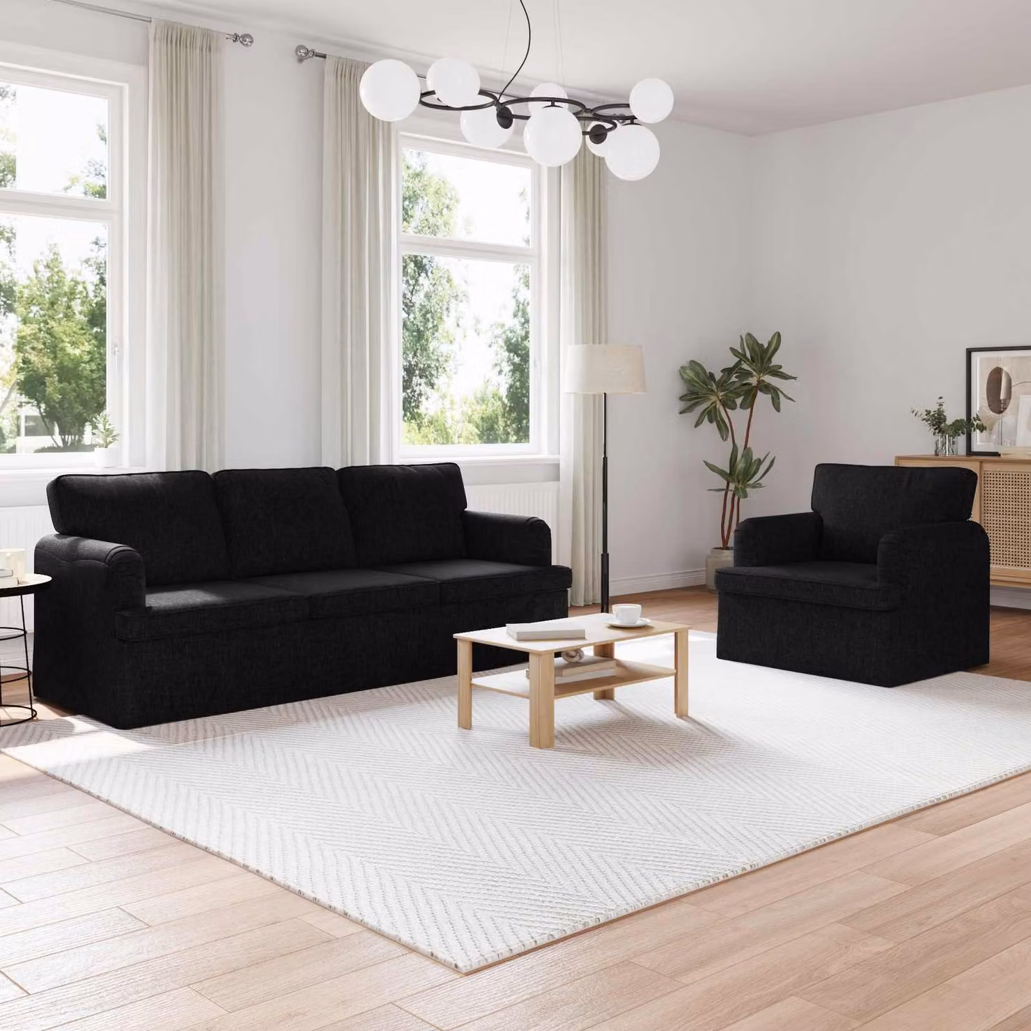 Set di 2 divani vidaXL moderni in tessuto nero con struttura in metallo L/P/H: 201 x 144 x 85 cm – 1