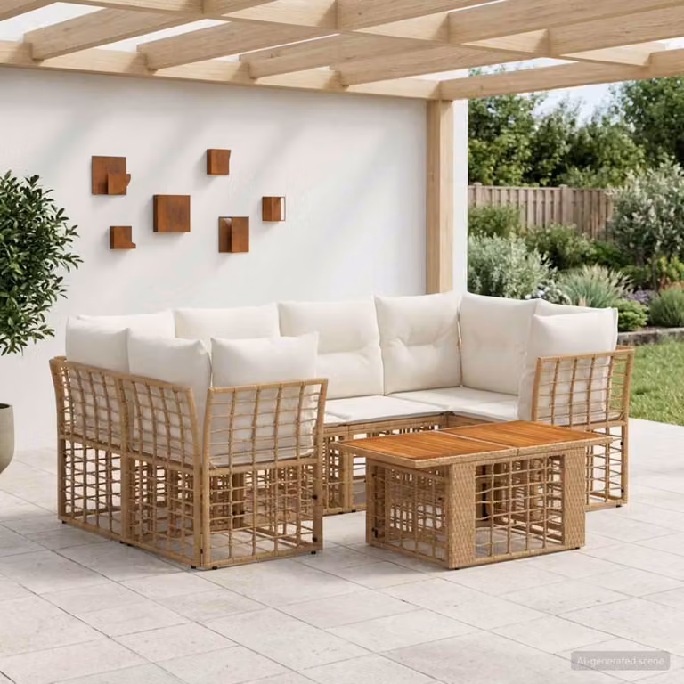 Set Divano da Giardino vidaXL 7 pz a Forma a L con Tavolino, Polyrattan e Struttura in Acciaio, Colore Naturale e Bianco Crema