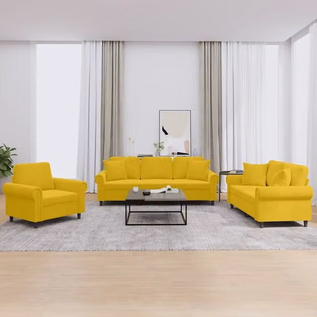Set di divani 3 pezzi vidaXL in velluto giallo con cuscini per soggiorno moderno