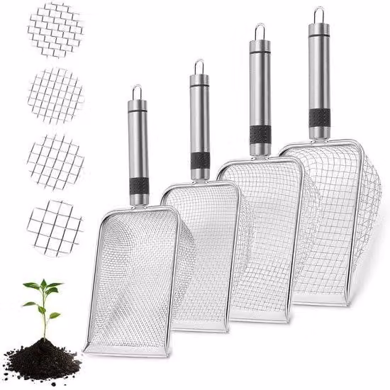 Set di 4 setacci in acciaio inossidabile per il giardino – setacci da 2 mm, 2,8 mm, 3,8 mm e 5 mm, pala ergonomica per setacciare sabbia, terra e compost