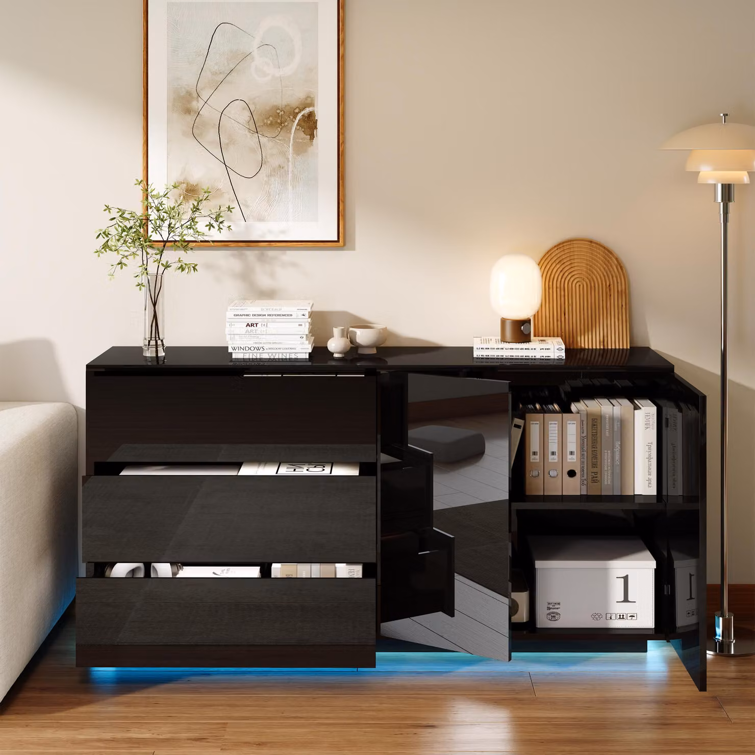 Credenza ProximaX nera lucida da 160 cm con illuminazione a LED – 3 cassetti e 2 ante, credenza moderna per il soggiorno