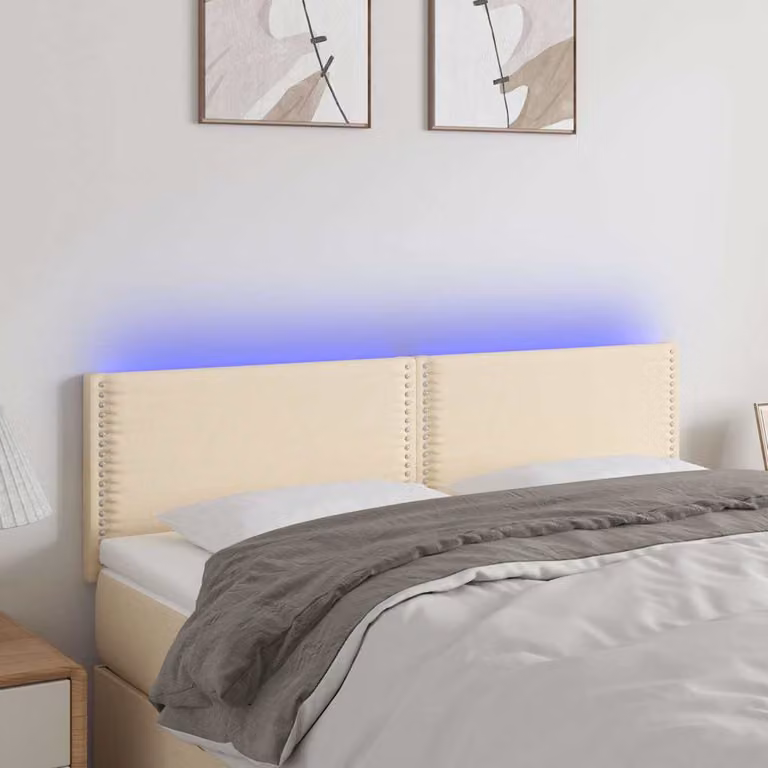 Testiera per letto vidaXL in tessuto beige con illuminazione LED integrata e porta di ricarica USB, L 144 x P 5 x H 78/88 cm