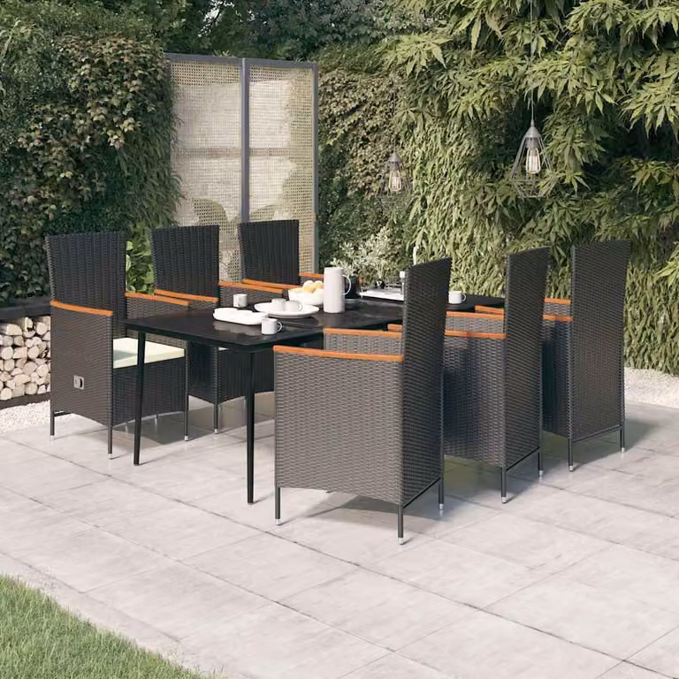 Set da pranzo da giardino vidaXL in polyrattan nero con cuscini e tavolo in vetro e legno di acacia, 7 pezzi