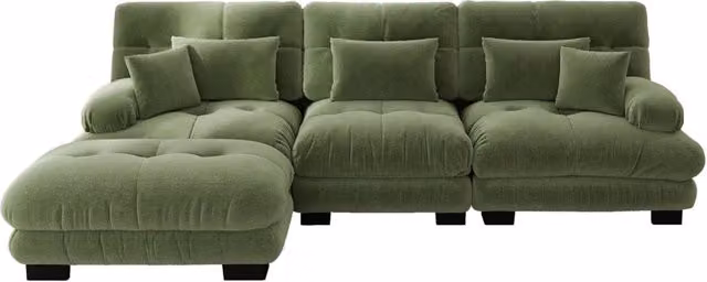 Divano modulare angolare in chenille verde vintage con pouf abbinati