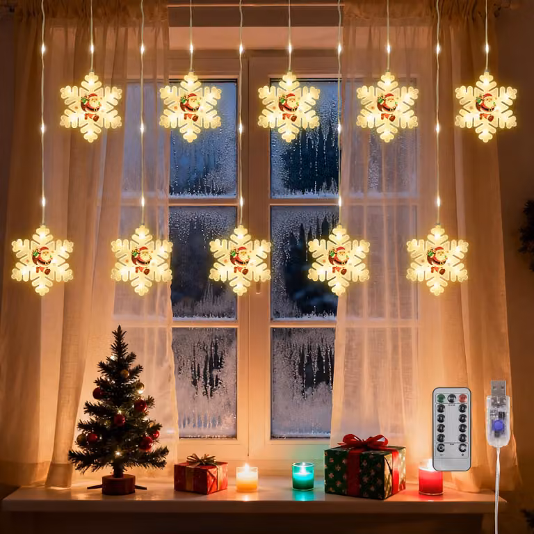 Tenda luminosa a LED, 3 metri, con decorazioni a forma di fiocchi di neve, timer, 8 modalità, alimentazione tramite USB o batterie