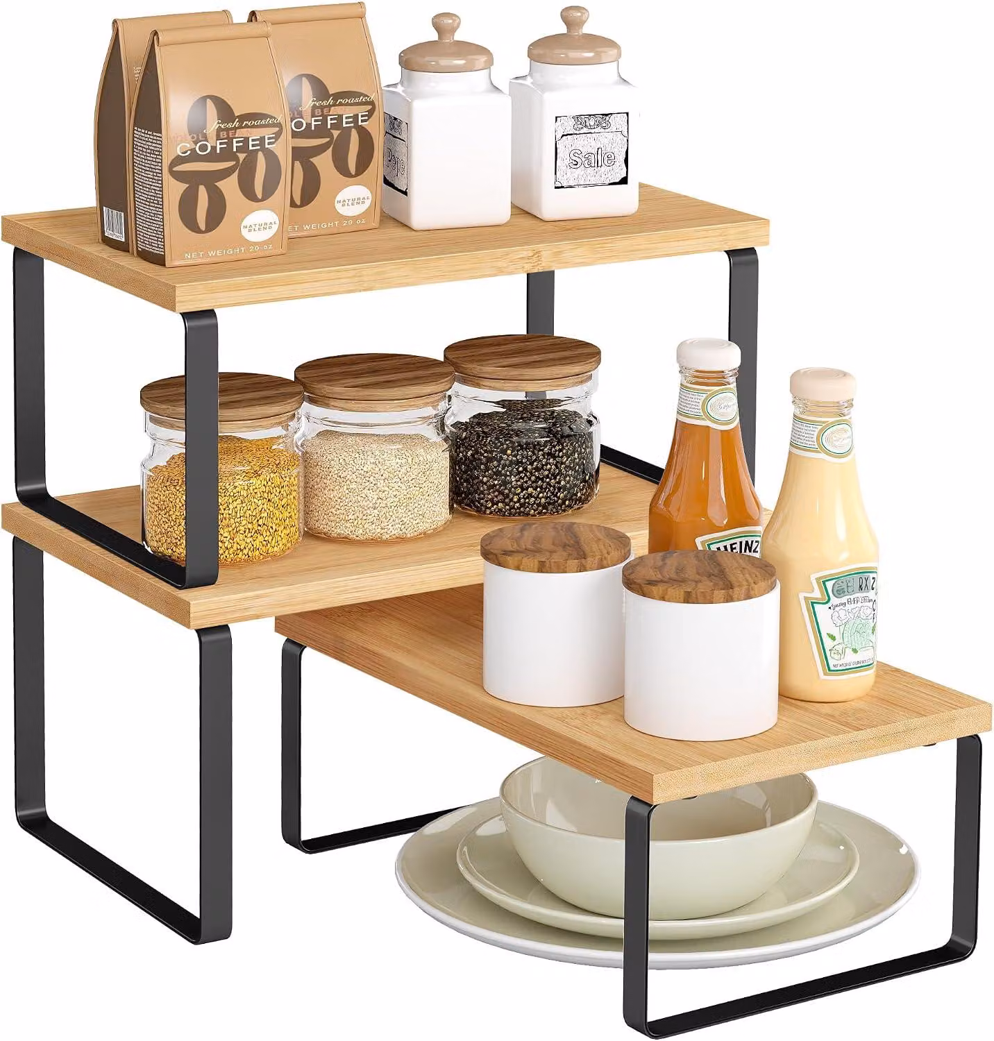 Portaspezie - Set di 3 ripiani impilabili ed espandibili per la cucina - Metallo e bambù - 5 kg per ripiano