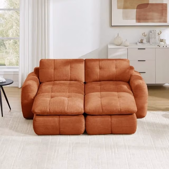 Divano 2 posti con 2 poggiapiedi ¨C Minimal ¨C Arancione, rivestimento chenille trapuntato, senza montaggio