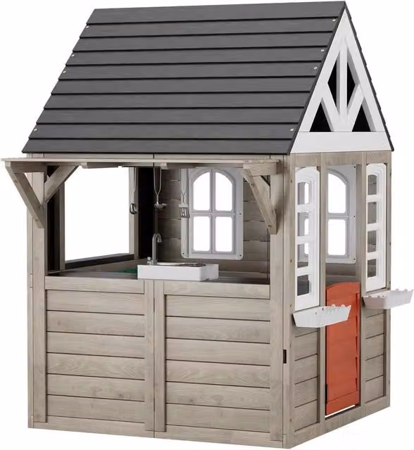 Casetta da gioco per bambini in legno multicolore con porta, finestra, supporto per vasi, griglia, fornello e lavello, L/P/H: 126 x 126 x 166 cm