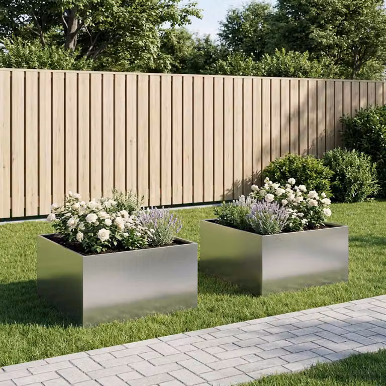 Set di 2 vasi da giardino vidaXL in acciaio zincato color argento L: 100 cm, P: 100 cm, H: 40 cm