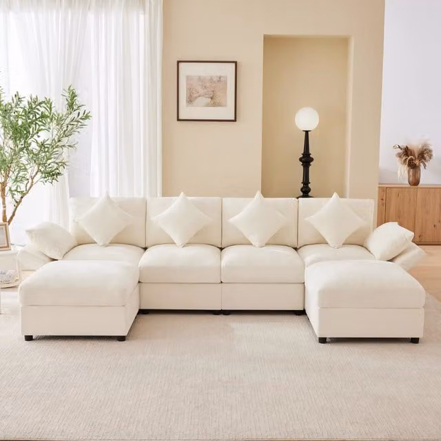 Divano modulare a L - Zephmum- Chenille beige con 4 cuscini decorativi e 2 poggiatesta
