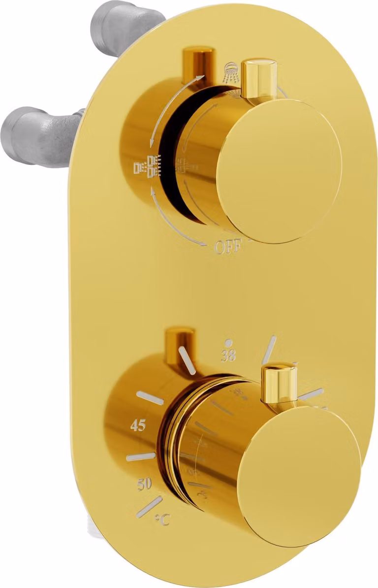 Mexen Kai miscelatore termostatico vasca-doccia a 3 uscite, oro - 77602-50