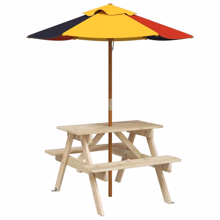 Tavolo da Picnic per 4 Bambini con Ombrellone Legno di Abete