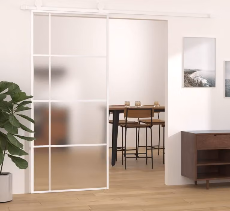 The Living Store Porta scorrevole ESG vetro e alluminio opaco 90x205 cm Bianco