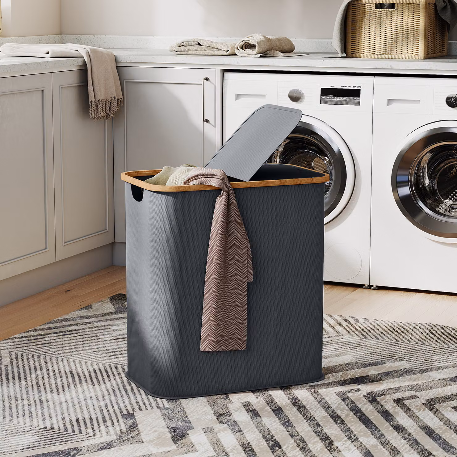 Cestino porta biancheria doppio pieghevole HOMCOM da 80L con coperchio e maniglie, grigio – 2