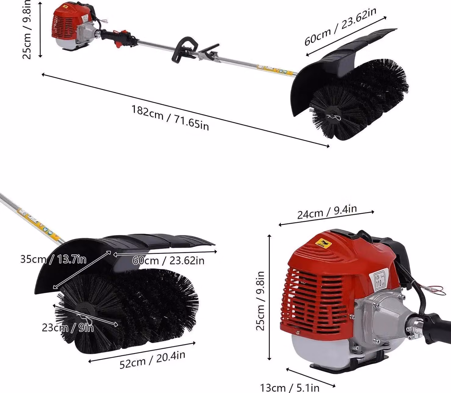 Spazzatrice per neve per vialetti, adatta anche per tappeti erbosi sintetici - Motore a benzina da 52cc - Spazzatrice per giardino - Motore a 2 tempi, 1 cilindro - 2,3 CV - Larghezza delle spazzole: 58 cm - Colore: nero