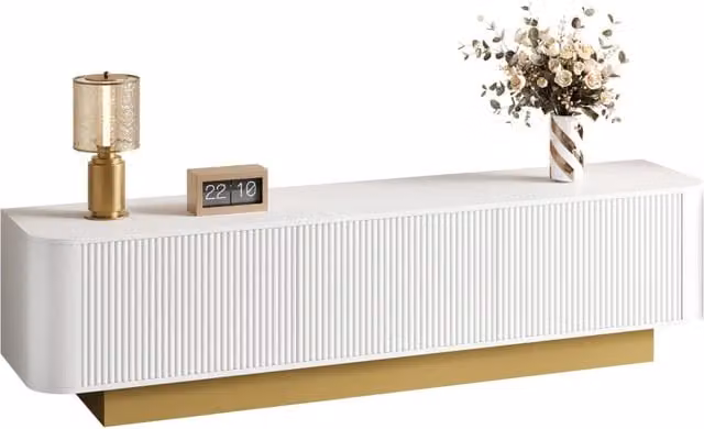 Mobile TV 170 cm moderno con vano portaoggetti, design arrotondato, gestione cavi e frontale strutturato, consolle multimediale per soggiorno