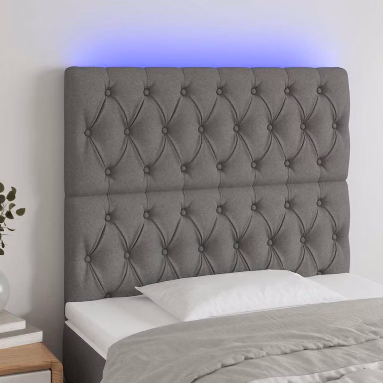 Testiera per letto con illuminazione LED e porta di ricarica USB vidaXL in tessuto grigio, L: 90 cm, P: 7 cm, H: 118-128 cm