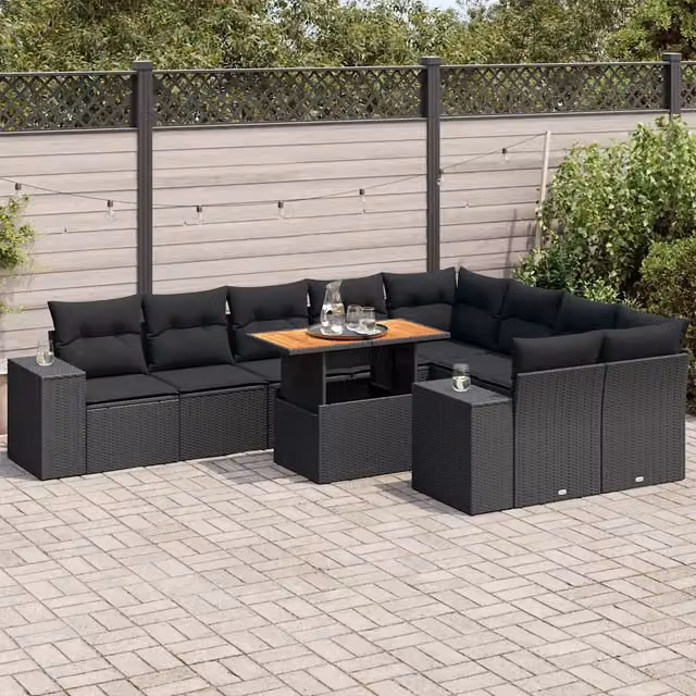 Set di divani da giardino vidaXL a forma di U in polyrattan nero con cuscini e tavolino da caffè – 1