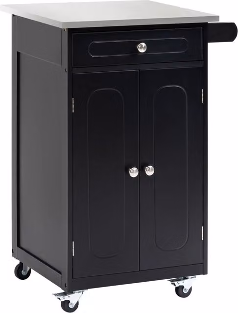 Carrello da Cucina con Ruote Salvaspazio in MDF Nero e Piano in Acciaio Inox Isola di Servizio con Cassetto Armadietto e Portacanovacci