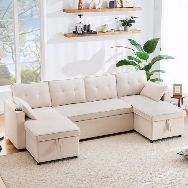 Divano letto a forma di U WISHDOR beige con contenitore, 4 posti, in tessuto con cuscini inclusi e portabicchieri, L: 270 cm, P: 130 cm, H: 86 cm