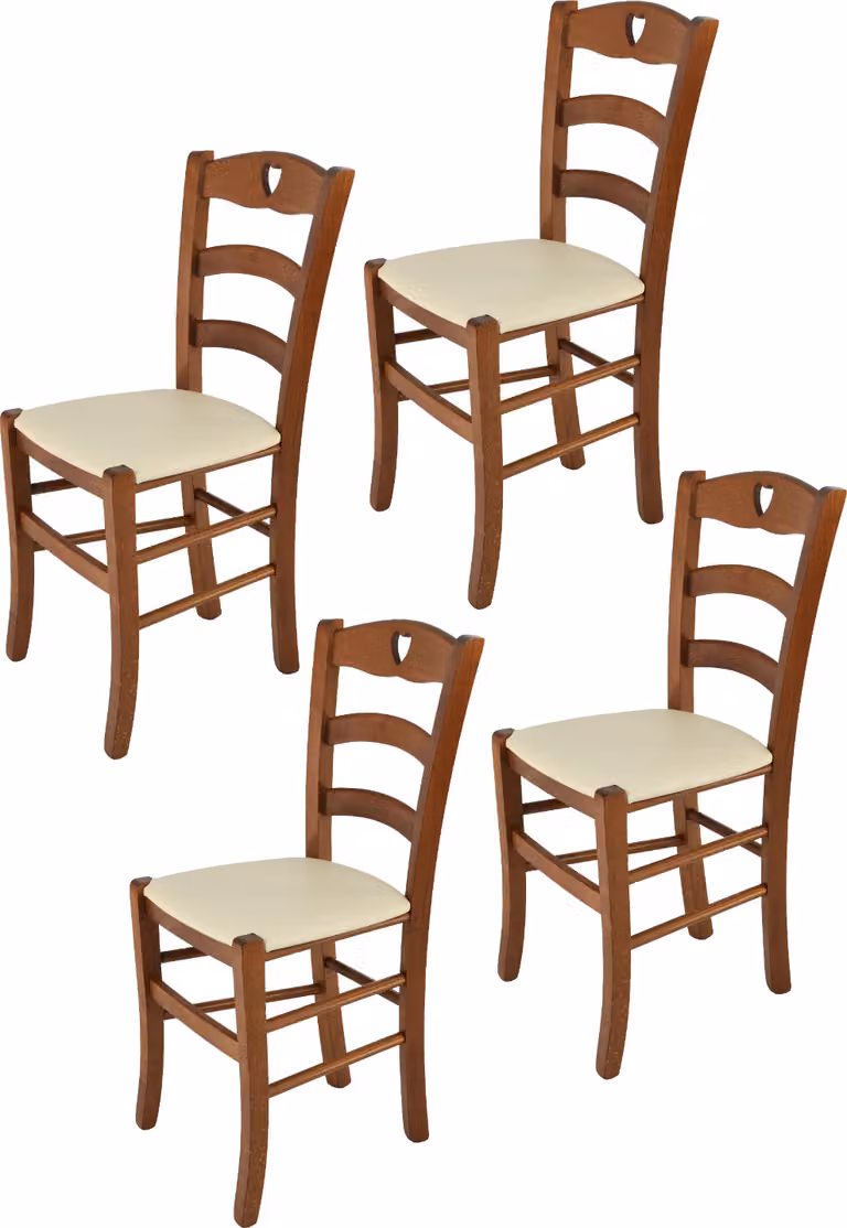 t m c s Tommychairs - Set di 4 sedie CUORE per cucina e sala da pranzo, struttura robusta in legno di faggio laccato nel colore noce chiaro e sedile imbottito rivestito in Pelle finta nel colore avorio