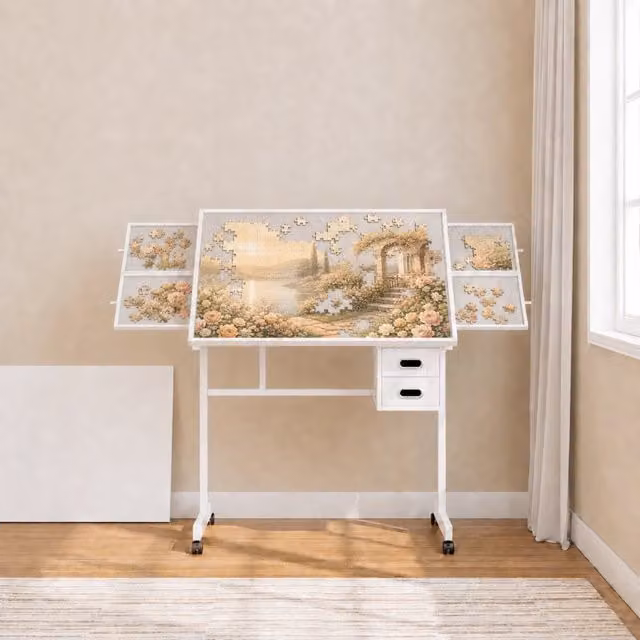 Tavolo per puzzle con 4 cassetti in feltro e 4 ruote con freno - per soggiorno - bianco