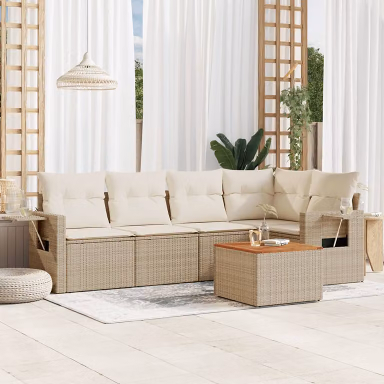 vidaXL Set Divano da Giardino 6 pz a Forma di L in Polyrattan con Cuscini Beige e Tavolino da Esterno