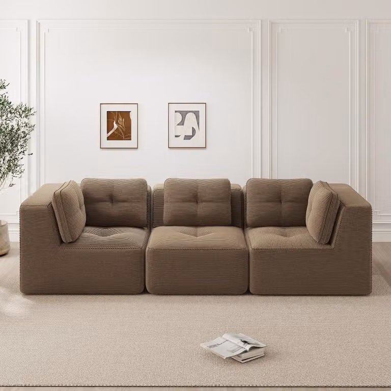 Divano a tre posti senza cornice, divano angolare modulare color marrone corda, divano a tre posti con seduta profonda 74 cm, non richiede montaggio, dimensioni 297x104x69 cm