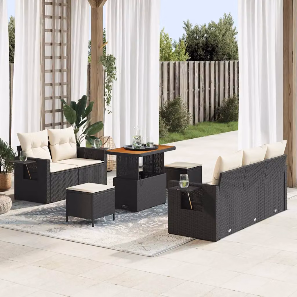 Set Divano da Giardino vidaXL 8 Pezzi L-Shape Nero con Cuscini e Tavolino da Caffè in Polyrattan e Acciaio – 1