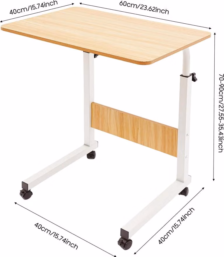 Tavolino per laptop - Tavolino mobile per computer - Regolabile in altezza da 70 a 90 cm - Piano del tavolo 60x40 cm - 4 ruote con freno - Adatto per letto e divano - Aspetto legno, colore bianco