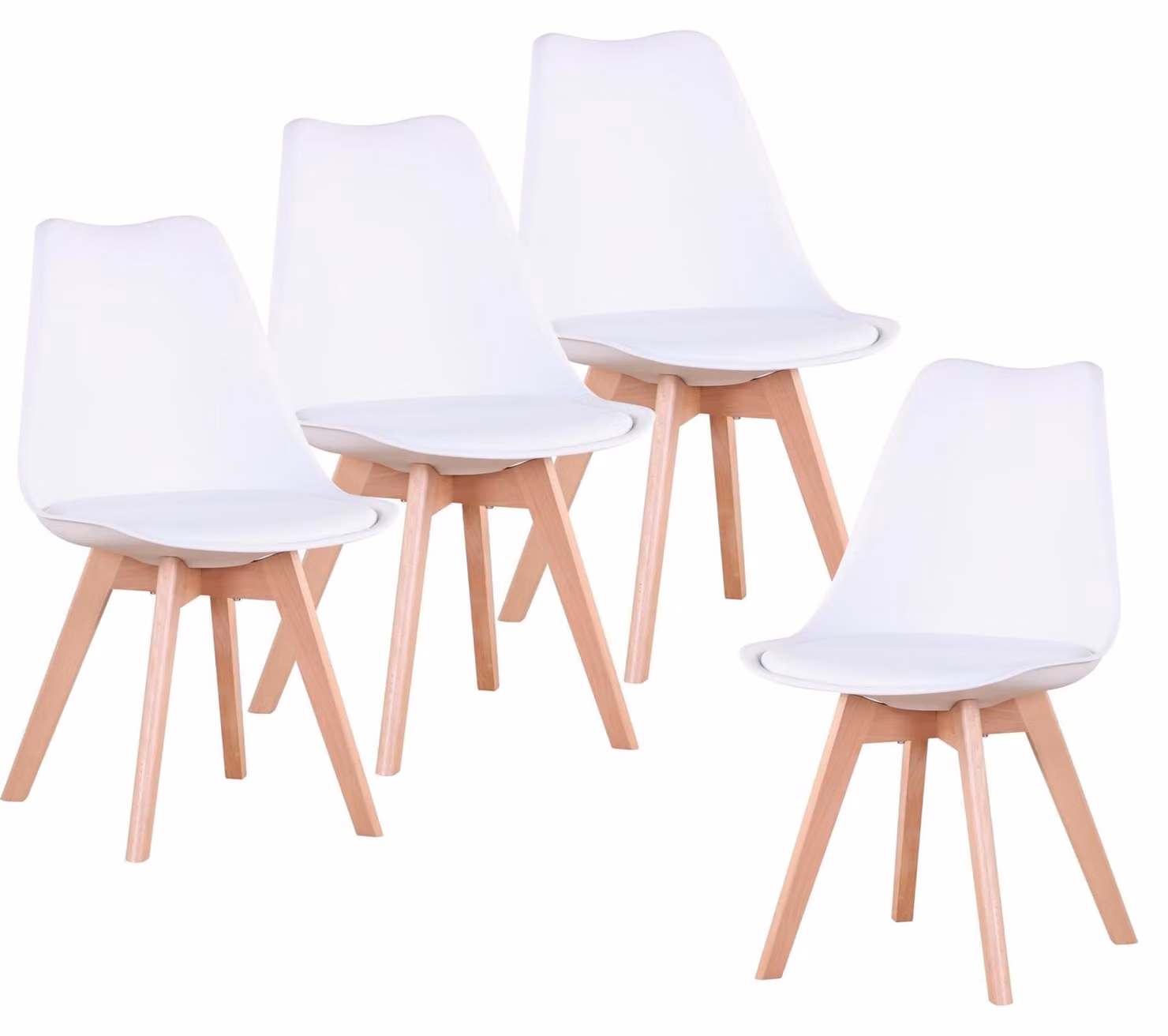 4 sedie da pranzo, design scandinavo, gambe in legno massello, colore bianco