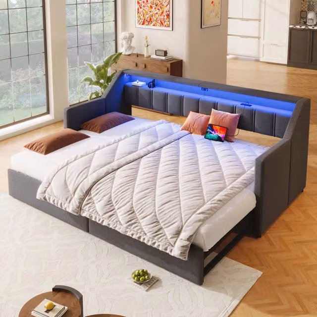 Letto estraibile 90 × 200 cm e 180 × 200 cm, 1 posto, con 2 cassetti, USB, Type-C e LED, senza materasso, grigio