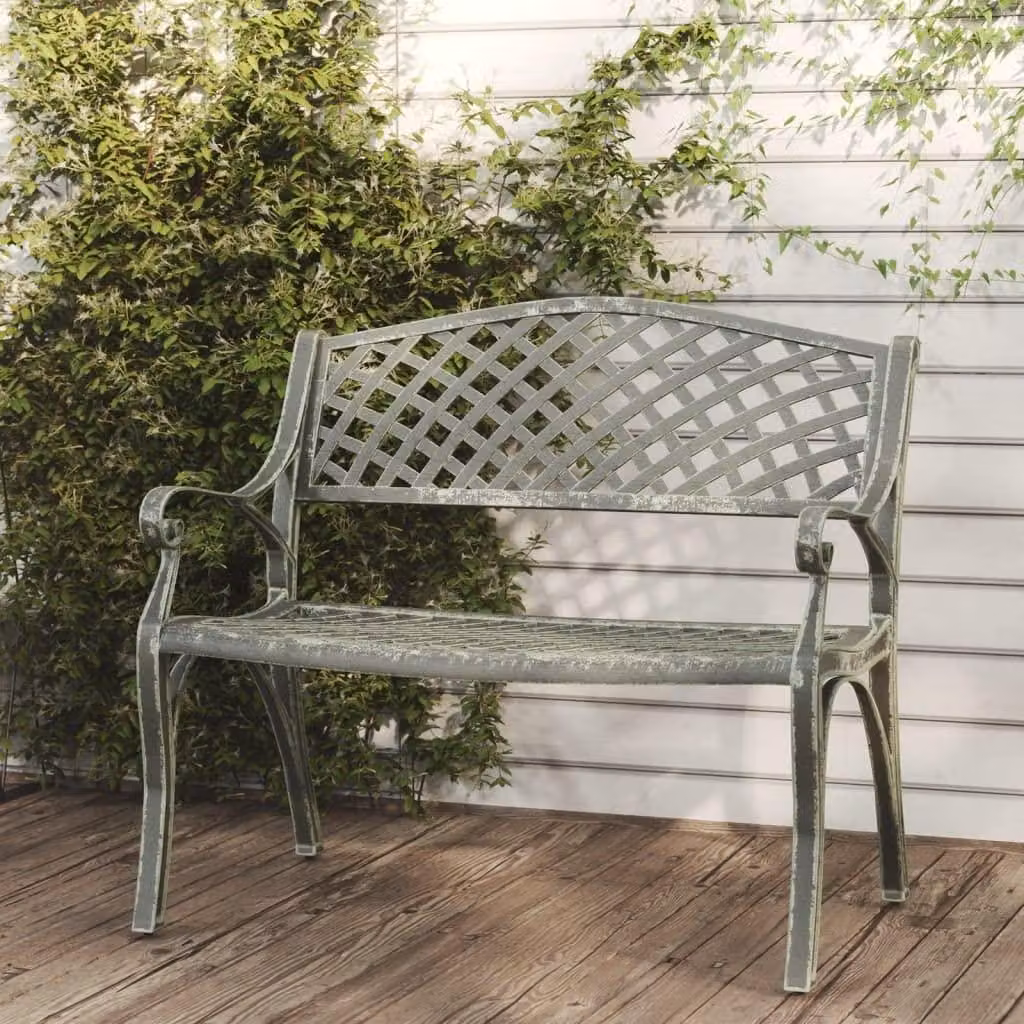 Panca da giardino, 102 cm, verde, in alluminio, con motivo floreale romantico e gambe in ghisa