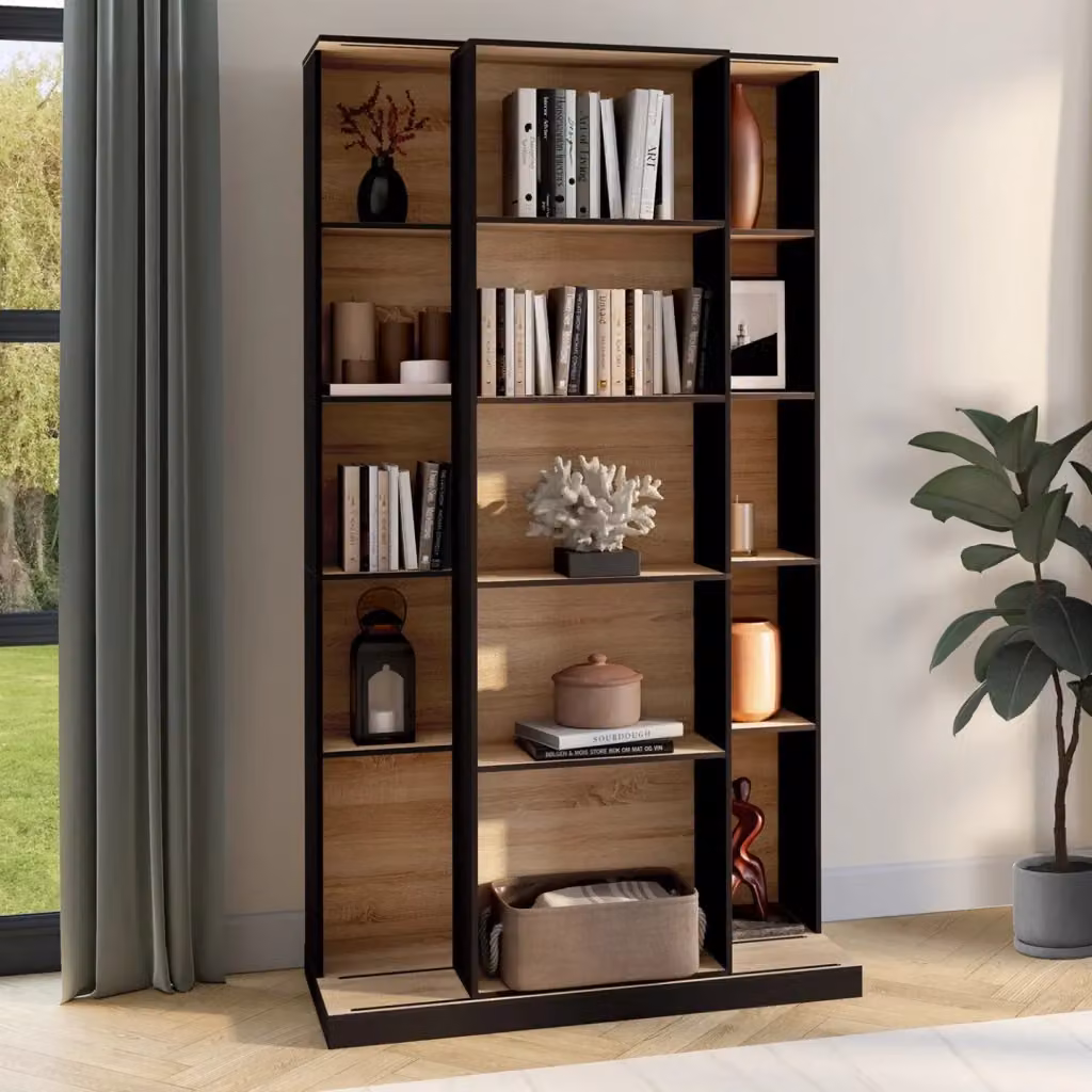 IDMarket ALPHONSE Libreria scorrevole moderna in legno e MDF, 5 livelli e 15 nicchie, colore marrone e nero, L: 46 cm, P: 46 cm, H: 180 cm – 2