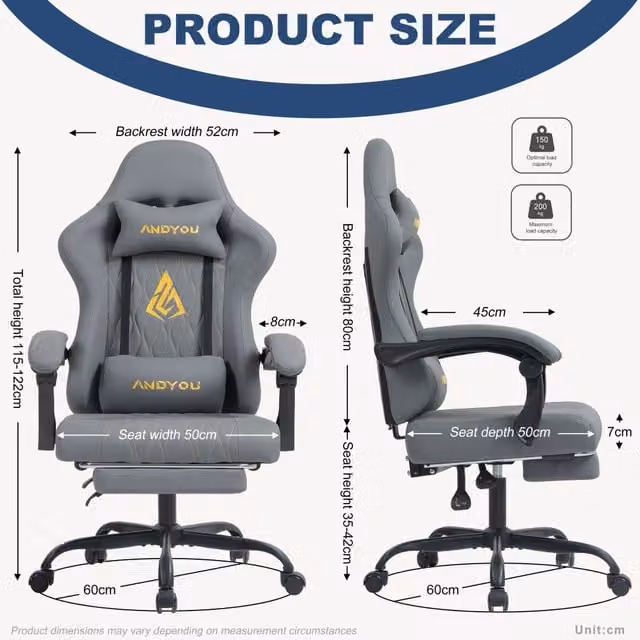 Sedia da Gaming ANDYOU Ergonomica in Similpelle PU Grigio con Poggiapiedi e Riposagola per Ufficio e Casa