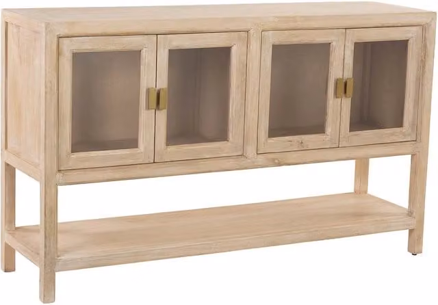 Credenza in legno di mango beige stile scandinavo con ante in vetro e dettagli in metallo WANDERLUST DECO L/P/H: 150 x 40 x 90 cm