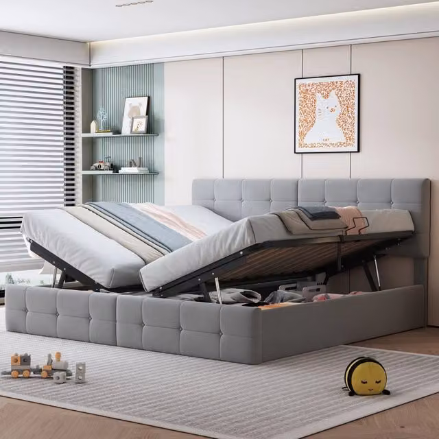 Letto imbottito 180x200 cm con contenitore idraulico e funzione 2 in 1; velluto; grigio