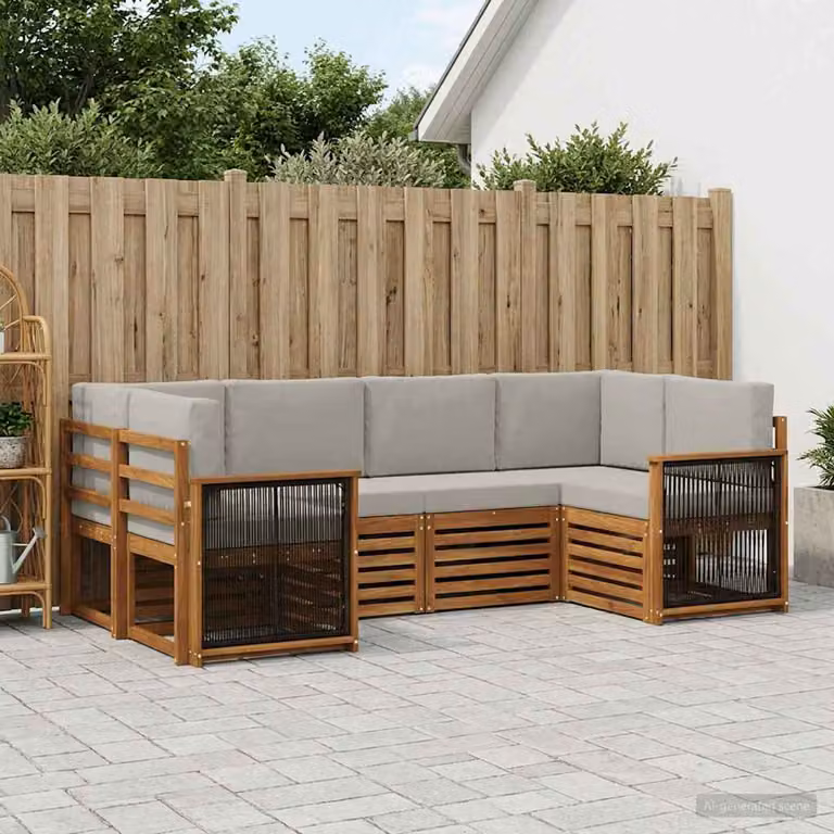Set di divani da esterno vidaXL a forma di L composto da 6 pezzi in legno di acacia con cuscini in tessuto beige e grigio