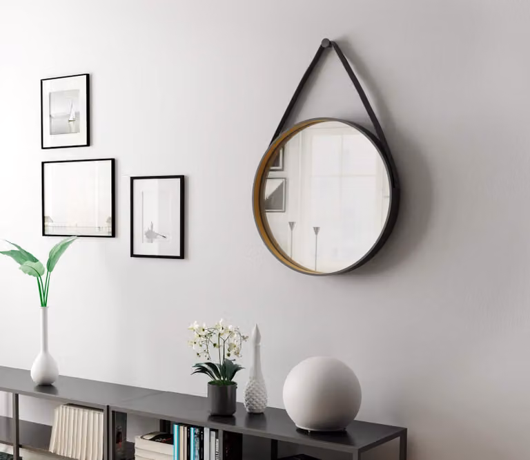Specchio rotondo da parete, diametro 55 cm, cornice in alluminio nera/oro