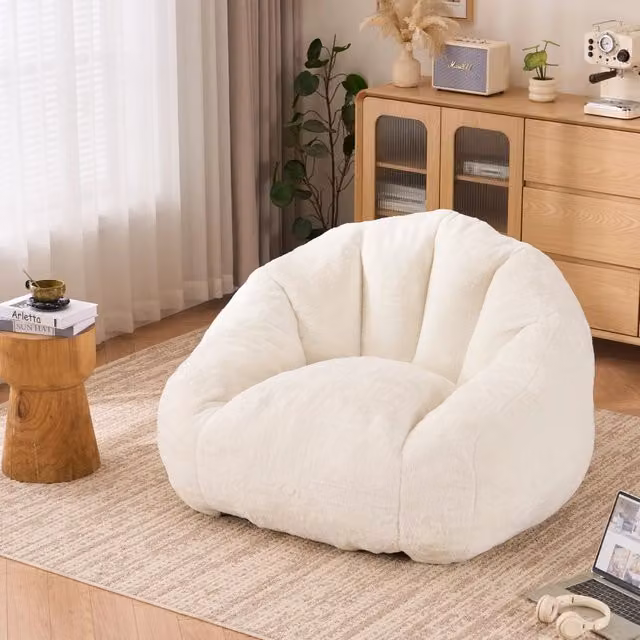 Pouf a sacco Mivray Soft Body bianco con effetto pelliccia sintetica e imbottitura in schiuma per soggiorno o camera da letto