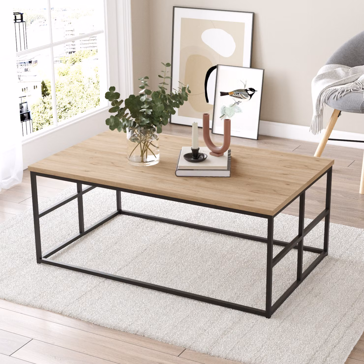 Tavolino 'Velendi' struttura in metallo 100 x 60 x 40 cm aspetto rovere / nero