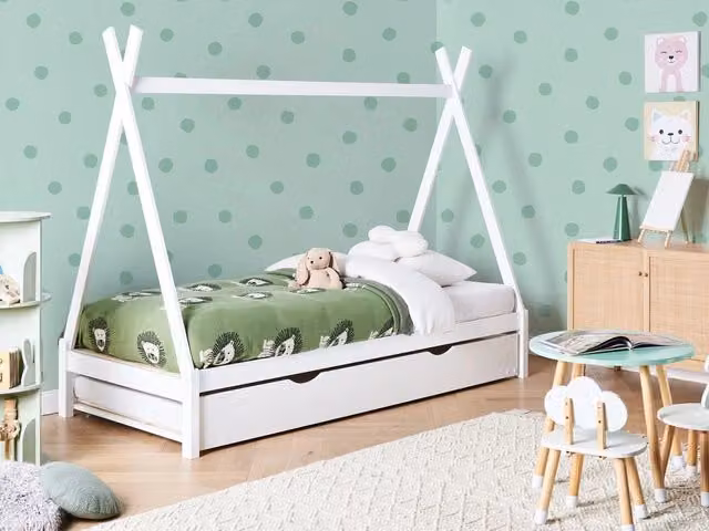 Letto a ribalta per bambini in legno di pino bianco UE misura singola 90 x 200 cm letto a doghe per cameretta moderna per bambini.