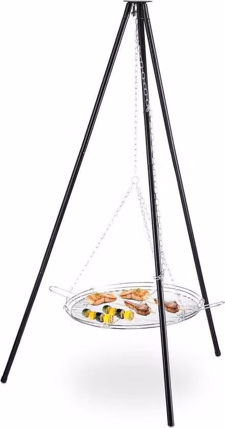 Griglia a tre gambe con griglia e catene – Regolabile in altezza – A x P: 151 x 100 cm – Griglia nero-argento