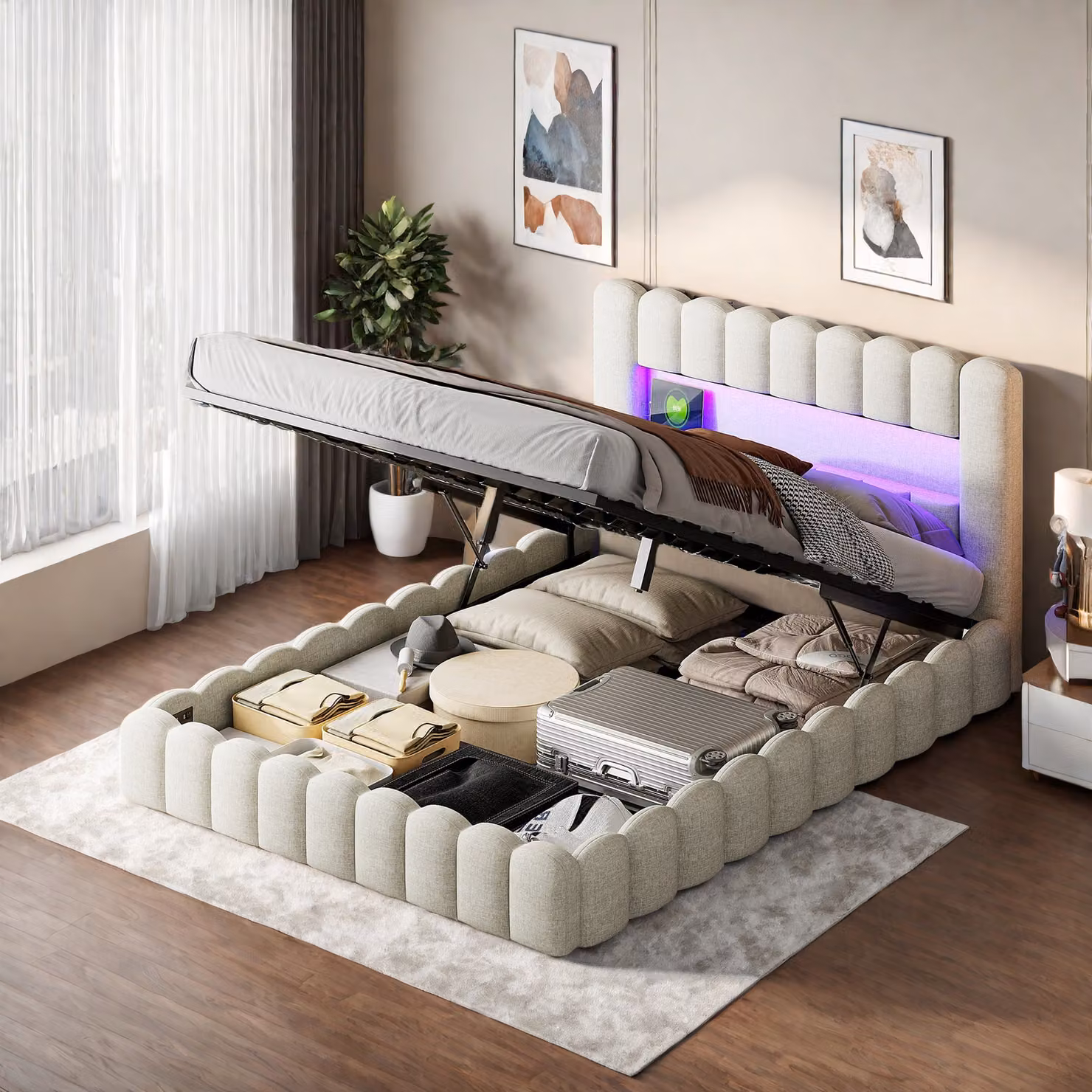 Letto imbottito 180x200cm, letto a molle con rete idraulica, letto con rete a doghe, luce di lettura con connessione di ricarica USB e illuminazione LED, letto contenitore letto matrimoniale letto per ragazzi (beige)