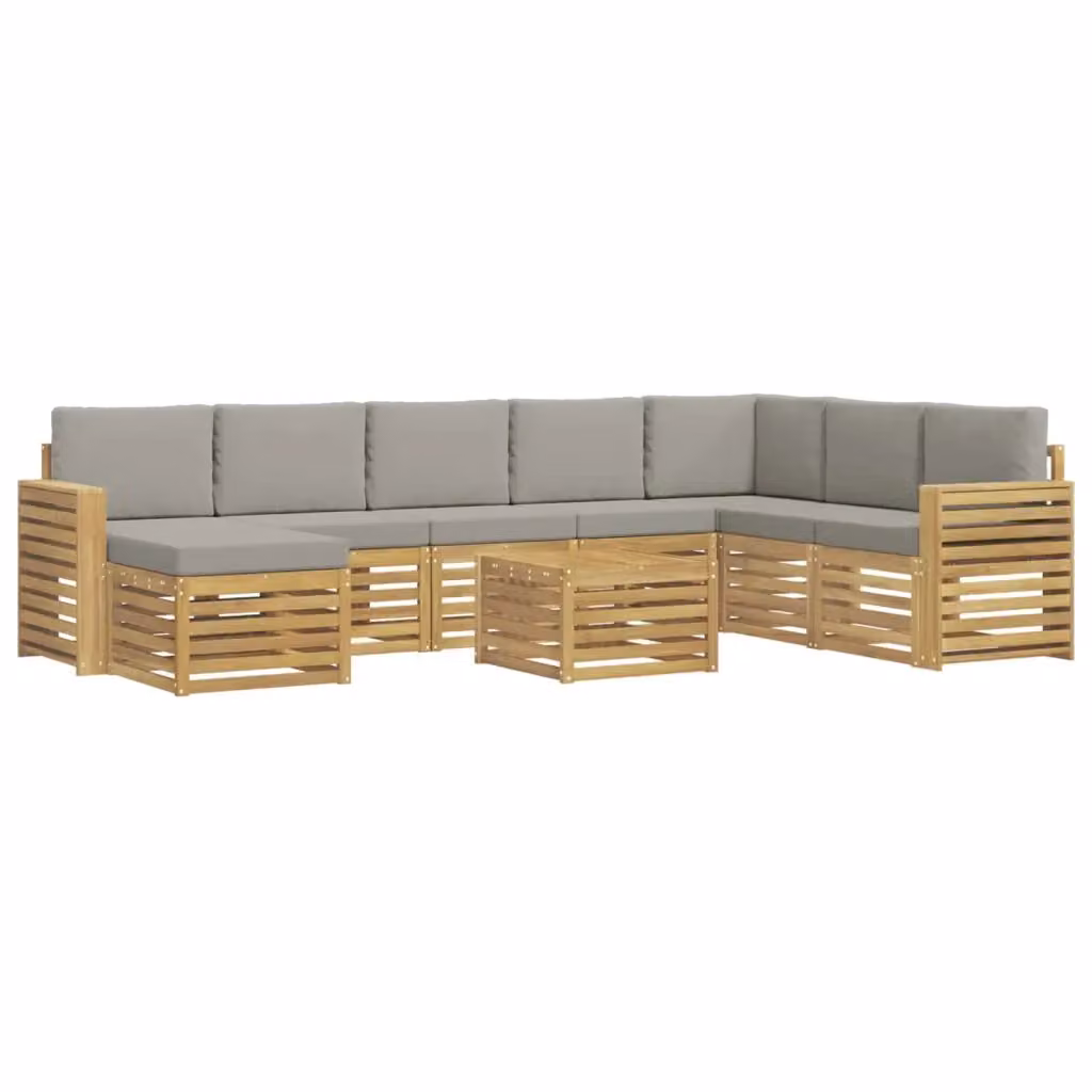 Set di divani da esterno vidaXL a forma di L composto da 9 pezzi con tavolo da caffè, pouf e cuscini, in legno di acacia e tessuto resistente ai raggi UV, Bianco e Grigio – 2