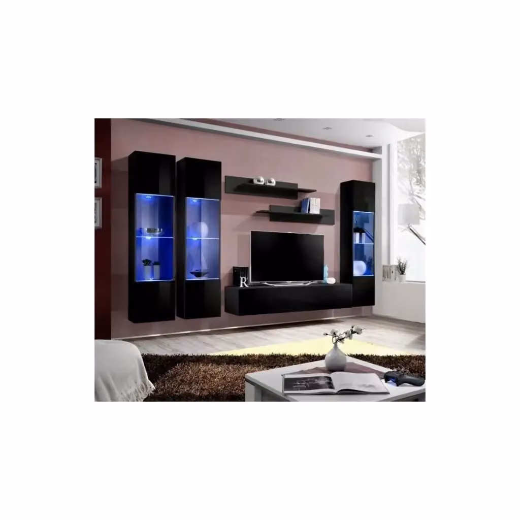 Composizione murale FLY C3 Meublorama nero lucido con illuminazione LED e ante in vetro per soggiorno – 2
